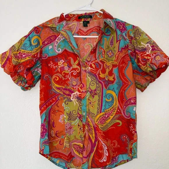 Ralph Lauren Red Multicolor Paisley Short-Sleeve Button-Down Shirt - Picture 1 of 5